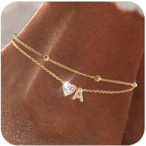 Ankle Bracelets for Women Waterproof 14K Gold Plated CZ Initial Anklet for Women Dainty Layered Letter Heart Ankle Bracelets Handmade Adjustable Foot Chain Anklet Summer Beach Jewelry