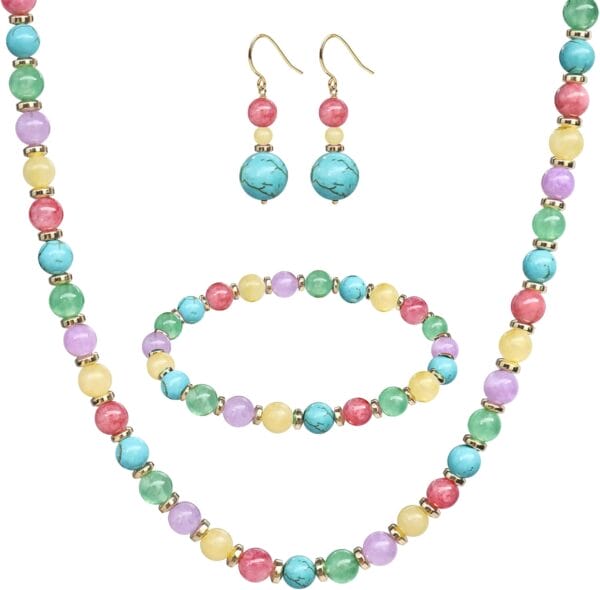 3PCS Colorful/BOHO Jewelry Sets for Women,Natural Genuine Stone Beaded Necklace Bracelet Set,Beaded Drop Earring for Women,Stunning Gemstones Pastel Beaded Set,Dainty Cute Jewelry Set Gifts