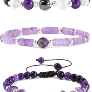 Amethyst Bracelets for Women Natural Stone Healing Beaded Bracelet Stress Anxiety Relief Watermelon Crystals Moonstone Opal Hematite Stretch Jewelry Gift for Women