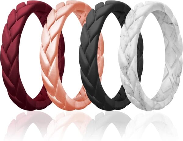 Egnaro Silicone Wedding Rings For Her, Women's Rubber Bridal Sets Thin Bands, Stackable Leaves Braided Design With Breathable Grooves Workout Accessories