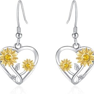 Silver Sunflower Heart Earrings for Women - 925 Sterling Silver Opal Sunflower / Daisy Heart Dangle Hoop Earrings, Valentines Mothers Day Christmas Gifts Sunflowers Daisy Heart Drop Earrings Jewelry for Her