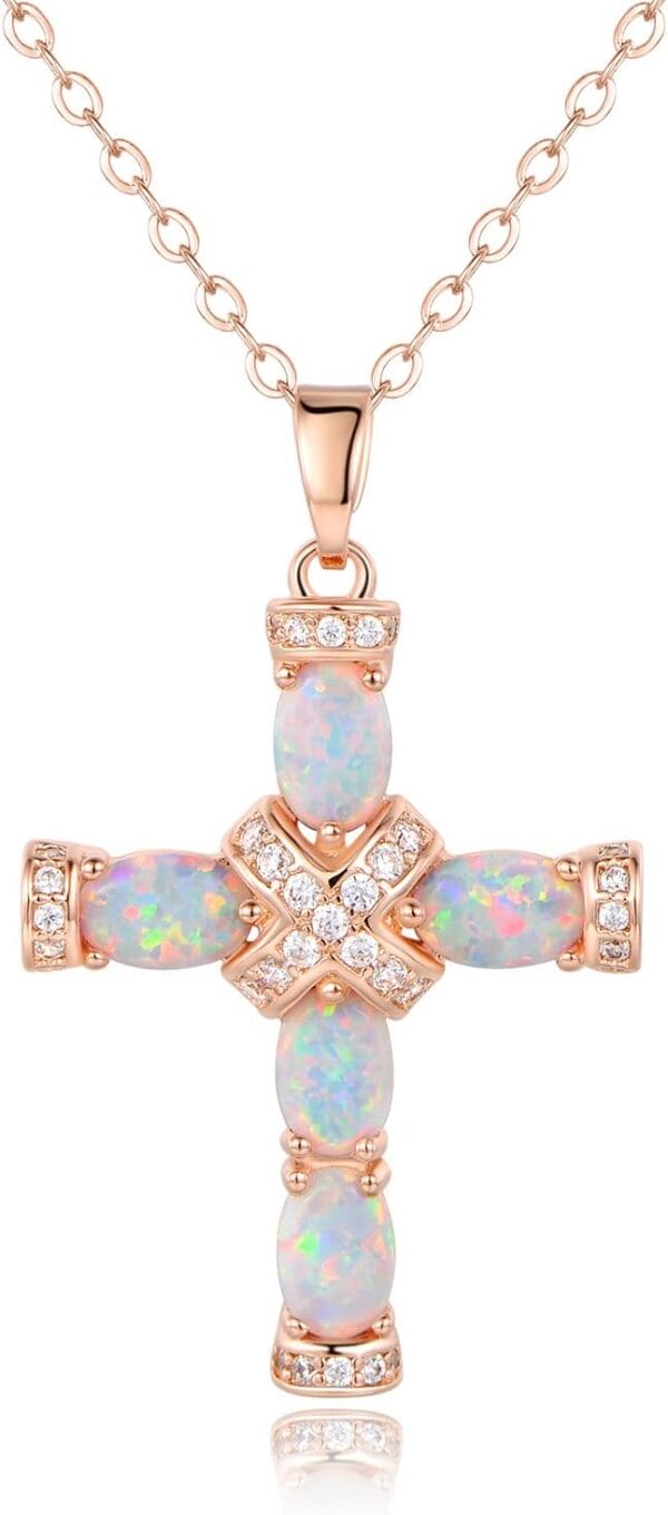 Barzel 18K Gold Plated Created Opal Cross with Chain, 18 Inches with 2 Inches Extension