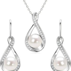 Sterling Silver Pearl Jewelry Set with Shiny Moissanite, Real Freshwater Pearl Earrings Necklace for Women, Wedding Jewelry for Brides Bridesmaid, Mother's Day