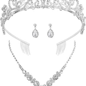 COCIDE Silver Jewelry Set for Women Crystal Tiara and Necklace Kit for Girls Rhinestone Crown Earrings Neck Accessories for Bride Wedding Birthday Party Bridal Prom Bridesmaid Dress up