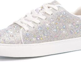 Suokdil Sparkle Rhinestone Sneakers for Women Bling Sneakers Rhinestone Sneakers White Shoe Glitter Fashion Bedazzled Platform Tennis Shoes Bride Sequin Wedding and Party Trendy Shoe
