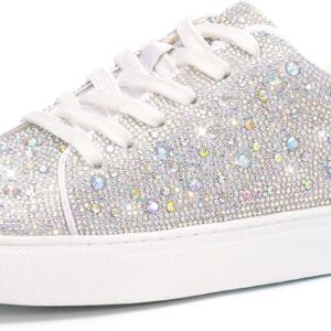 Suokdil Sparkle Rhinestone Sneakers for Women Bling Sneakers Rhinestone Sneakers White Shoe Glitter Fashion Bedazzled Platform Tennis Shoes Bride Sequin Wedding and Party Trendy Shoe