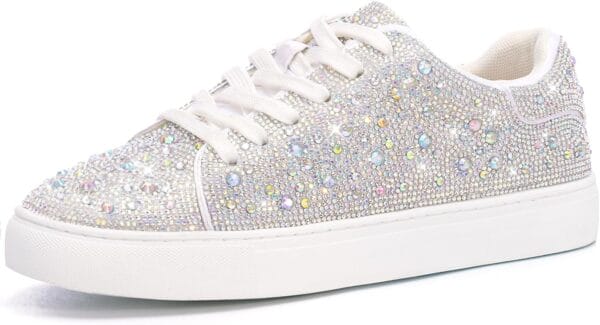 Suokdil Sparkle Rhinestone Sneakers for Women Bling Sneakers Rhinestone Sneakers White Shoe Glitter Fashion Bedazzled Platform Tennis Shoes Bride Sequin Wedding and Party Trendy Shoe