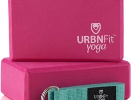 URBNFit Yoga Blocks 2 Pack – Sturdy Foam Yoga Block Set with Strap for Exercise, Pilates Workout, Stretching, Meditation, Stability – High Density Non Slip Brick, Fitness Accessories