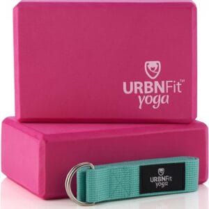 URBNFit Yoga Blocks 2 Pack - Sturdy Foam Yoga Block Set with Strap for Exercise, Pilates Workout, Stretching, Meditation, Stability - High Density Non Slip Brick, Fitness Accessories