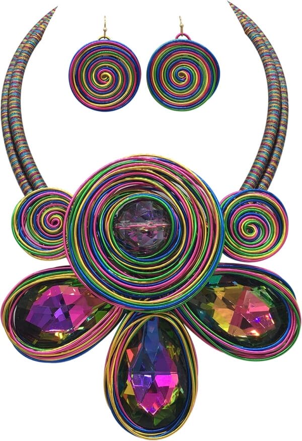 Statement African Necklace For Women African Jewelry Costume Earring Sets Tribal Fashion Colorful Big Rhinestone Crystal Pendent Collar Choker Bold Chunky Bib Handmade