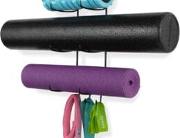 Wallniture Guru Wall Mount Yoga Mat Foam Roller and Towel Rack with 3 Hooks for Hanging Yoga Strap and Resistance Bands, 3-Sectional Metal