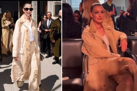 Anne Hathaway Attended the Ralph Lauren FW ’25 Show in a Khaki Trench Coat and Sequined Jeans