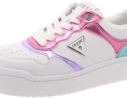 GUESS Womens Miram Faux Leather Casual and Fashion Sneakers White 6 Medium (B,M)
