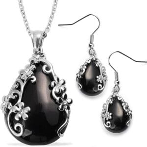 Shop LC Jewelry Set for Women - Floral Gemstone Necklace & Earring Sets - Lapis Lazuli, Black Onyx & Dendritic Pendant Necklaces & Dangle Earrings - 20" Necklace Length Birthday for