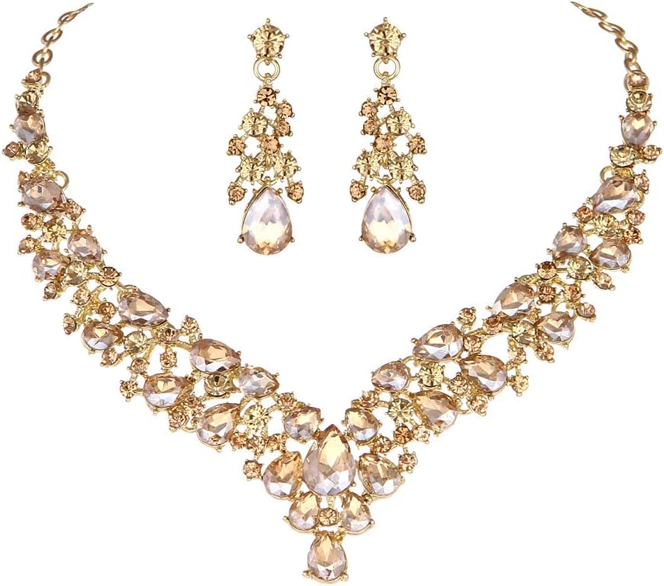 Molie Austrian Rhinestone Crystal Wedding Gown Prom Ball Necklace Earrings Jewelry Set for Brides Dress