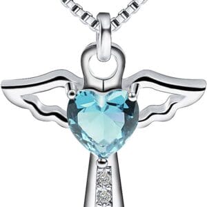 Silver Plated Angel Birthstone Necklace,Cubic Zirconia Cross Necklace for Women,First Communion Baptism Gifts