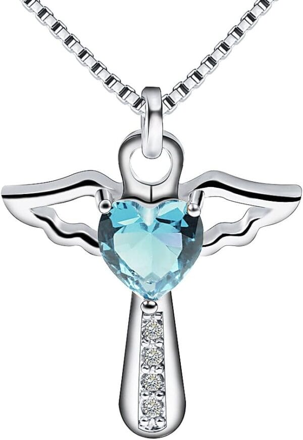 Silver Plated Angel Birthstone Necklace,Cubic Zirconia Cross Necklace for Women,First Communion Baptism Gifts