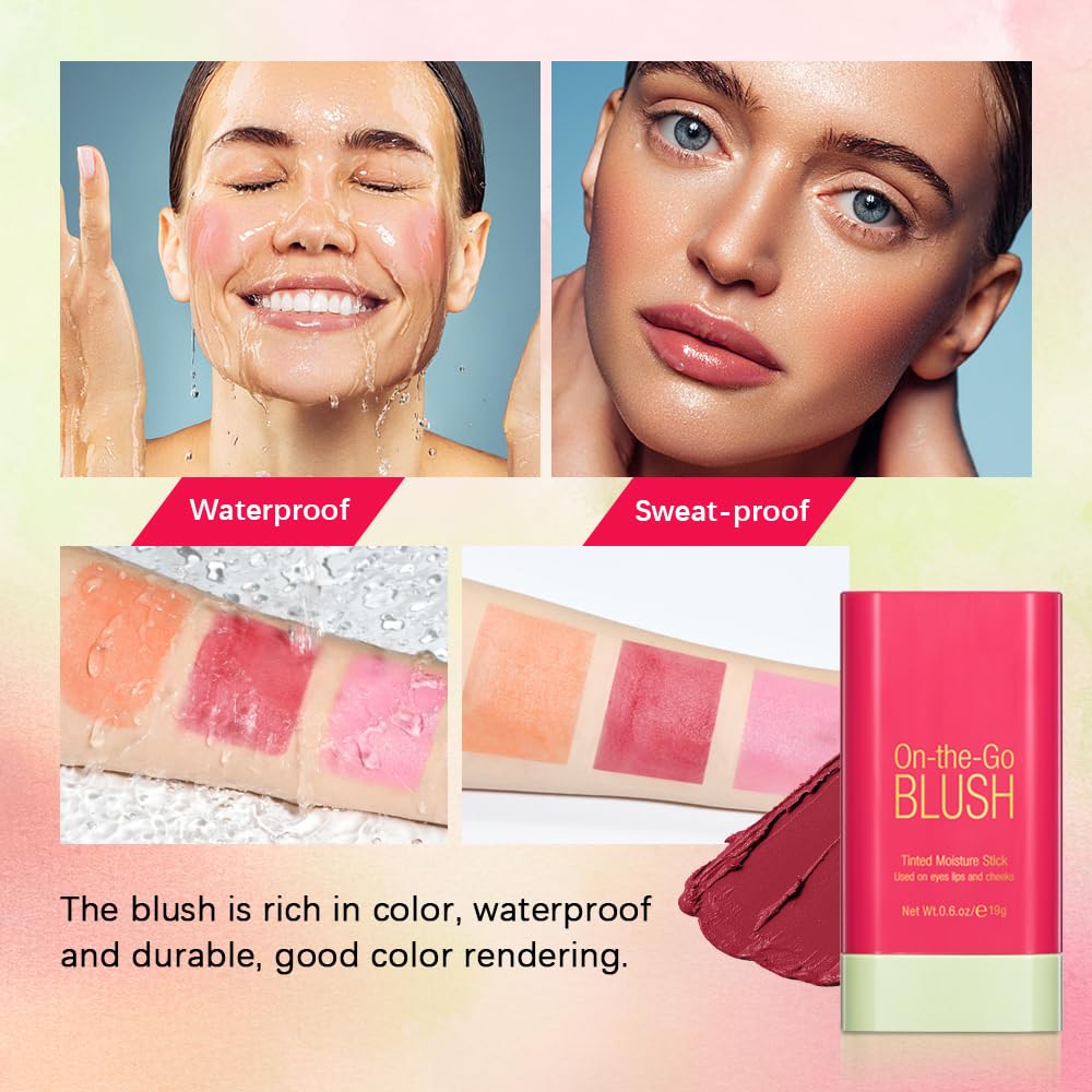 Multi-Use Cream Blush Stick,2-in-1 On-the-Go Blush for Cheek and Lip Tint,Waterproof Hydrating Tinted Solid Moisturizer Blendable Natural Grow Nude Face Blush Makeup,01 shy pink - Image 4