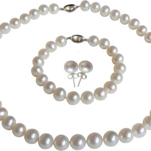 ROUND Real Pearl Necklace Set for Women Bracelet Stud Earrings Ivory Beige Cream White Pearl Jewelry Set Men Cultured Freshwater Wedding
