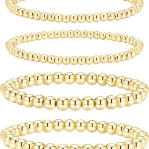 adoyi Gold Silver Bracelets for Women Beaded Bracelet 14K Gold Plated Bracelet Stack Initial Letter A-Z Strand Stretch Bead Stackable Bracelet Set Adjustable Jewelry Gift for Women