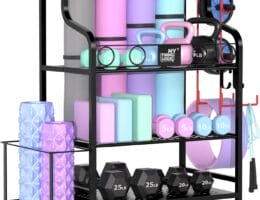 Mythinglogic Yoga Mat Storage Racks,Home Gym Storage Rack for Dumbbells Kettlebells Foam Roller, Yoga Strap and Resistance Bands, Workout Equipment Storage Organizer With Hooks and Wheels