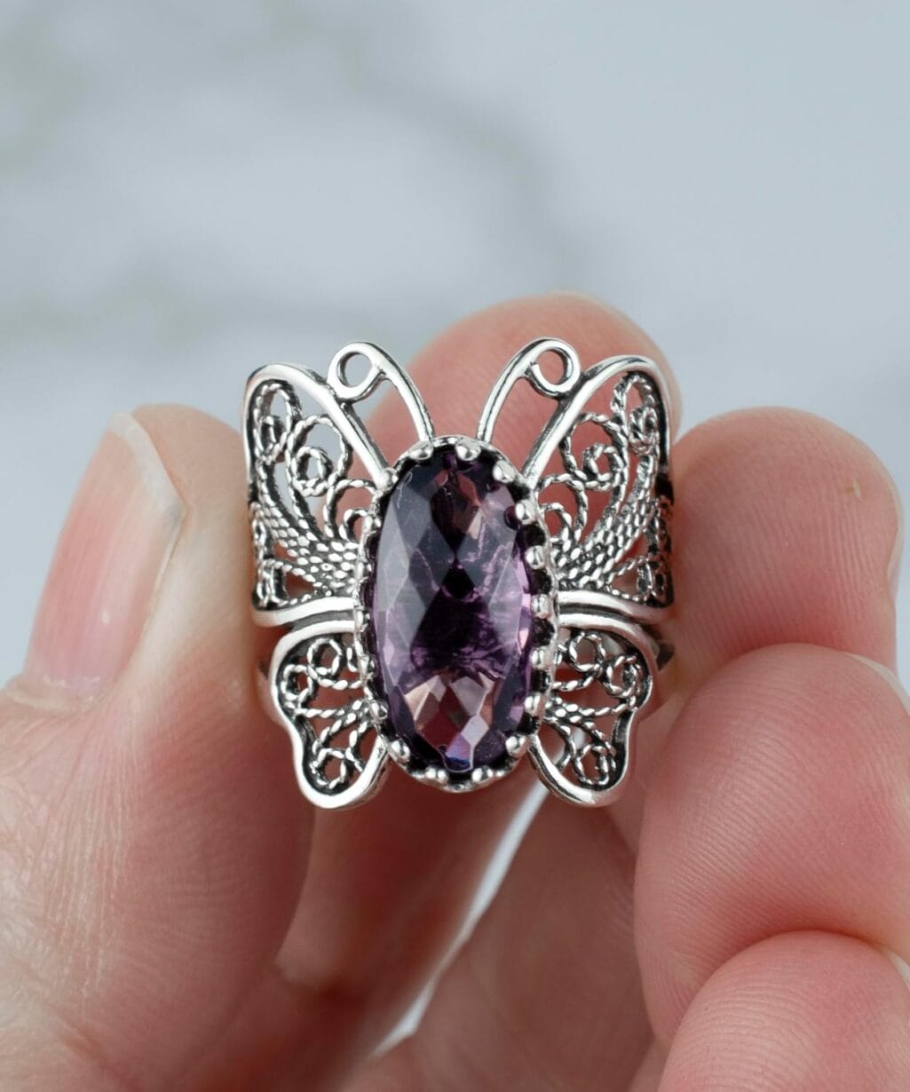 Sterling Silver Filigree Art Butterfly Women Cocktail Ring with Gemstones - Image 4