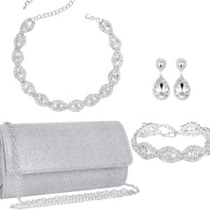 4 Pieces Silver Clutch Purses Rhinestone Crystal Choker Necklace Teardrop Dangle Earrings Link Tennis Bracelet Jewelry Set Evening Bag Handbag Crossbody Envelope for Women