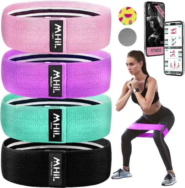 Fabric Resistance Bands for Women & Men – 4 Durable Exercise Bands for Working Out, Non-Slip & Non-Pinching Workout Bands – Multiple Resistance Levels Booty Bands for Legs Butt Glutes Hips Abs & More.