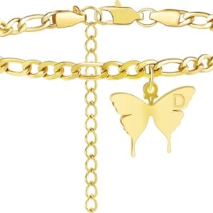 TONY & SANDY Ankle Bracelets for Women - Initial Butterfly Anklet for Women Stainless Steel Figaro Chain Summer Beach Waterproof Foot Jewelry Gifts, Gold/Silver