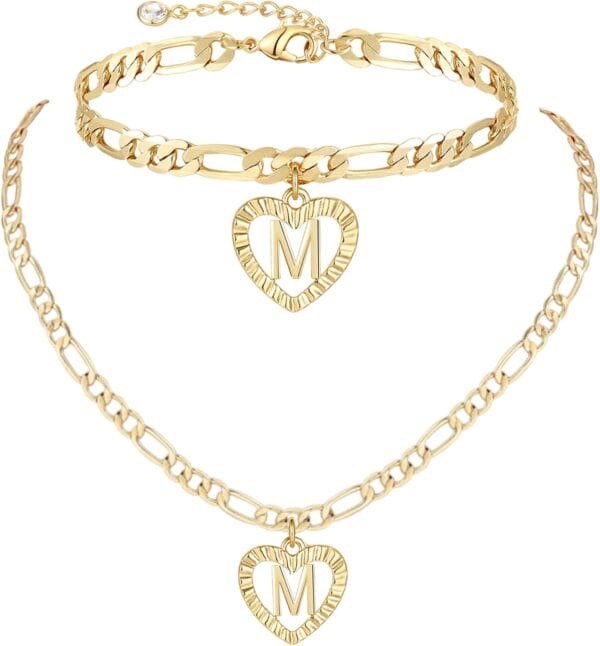 YANODA Gold Initial Pendant Necklace Anklet Bracelet for Women 14K Gold Plated Figaro Chain Letter Initial Heart Necklace Anklets Alphabet Foot Jewelry Personalized Jewelry for Women
