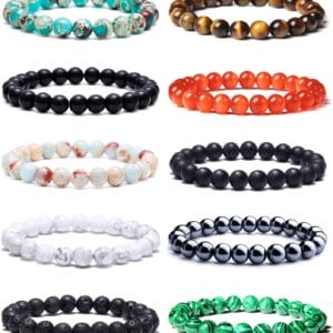 BOMAIL 10Pcs 8mm Natural Stone Beaded Bracelet Set for Men Women Semi-Precious Gemstone Beads Bracelets Matte Lava Rock Volcanic Tiger Eye Stone Yoga Healing Energy Crystal Stretch Bracelets Set