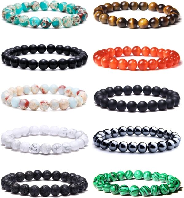 BOMAIL 10Pcs 8mm Natural Stone Beaded Bracelet Set for Men Women Semi-Precious Gemstone Beads Bracelets Matte Lava Rock Volcanic Tiger Eye Stone Yoga Healing Energy Crystal Stretch Bracelets Set