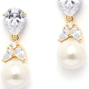 Mariell Pearl Drop Bridal Earrings with Cubic Zirconia Crystals and Ivory Pearls For Brides, Bridesmaids, Weddings, Jewelry Gift for Women