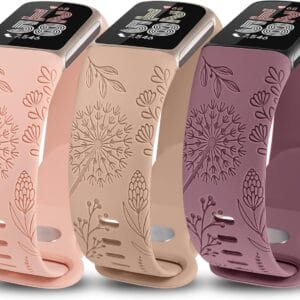 Minyee 3 Packs Floral Engraved Band Compatible with Fitbit Charge 6 Bands/Fitbit Charge 5 Bands Women, Cute Soft Silicone Dandelion Flower Pattern Sport Designer Fancy Summer Strap for Charge 6/5