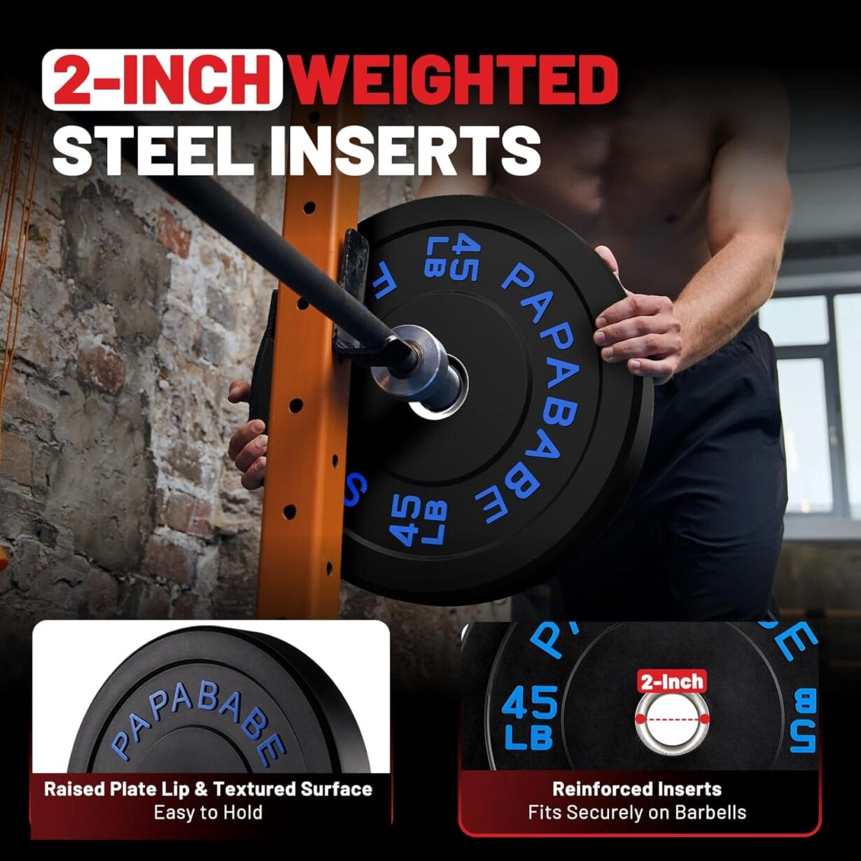 Papababe Weight Plates, 2-Inch Weights Plates Set, Floor Protective Rubber Weight Plates, 10-600lbs Bumper Plates for Barbell Strength Training & Weightlifting (Single/Pair/Full Set) - Image 7