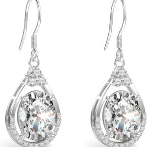 18K White Gold Plated Sterling Silver Oval Cut Cubic Zirconia Drop Dangle Earrings for Women Hypoallergenic Statement Earrings Gifts for Women Mom