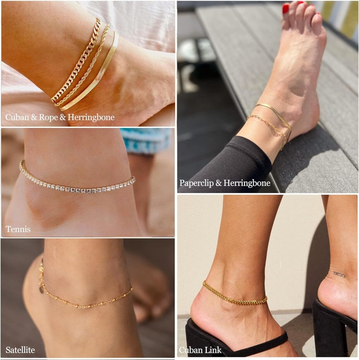 DEARMAY Gold Ankle Bracelets for Women Waterproof - Dainty 6Pcs 14K Gold Plated Anklets Layered Cuban Link Chain Herringbone Cute Anklets Set Pack Summer Beach Jewelry Gift for Women Teen - Image 6