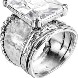 JEAN RACHEL JEWELRY 925 Sterling Silver Ring - Hammered Vintage Design with Octagon Shaped Cubic Zirconia - Hypoallergenic, Lead & Nickel Free - Artisan Handcrafted Statement Rings for Women