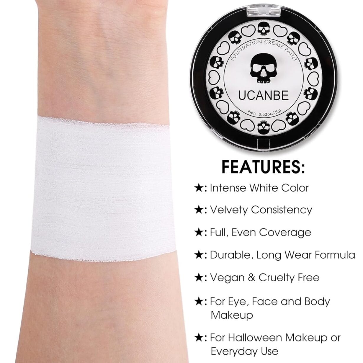 UCANBE Goth White Cream to Powder Foundation Makeup, Professional Clown White Face Body Paint with Matte Finish for Halloween, SFX Makeup, Cosplay, Costume, Stage, Mime & Film(0.52oz) - Image 2