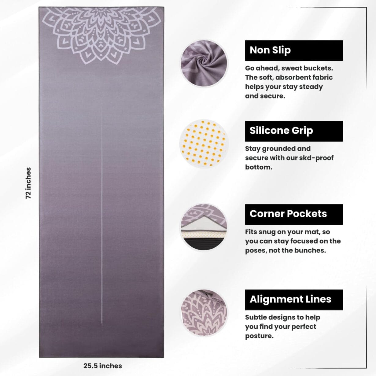 Yoga Grip Yoga Towel - Non Slip Hot Yoga Mat Towel With Corner Pockets, No-Skid Grip, and Built-in Alignment Lines | Soft, Moisture Wicking, and Sweat Absorbent | No Bunching, Stays in Place 72" x 25" - Image 3