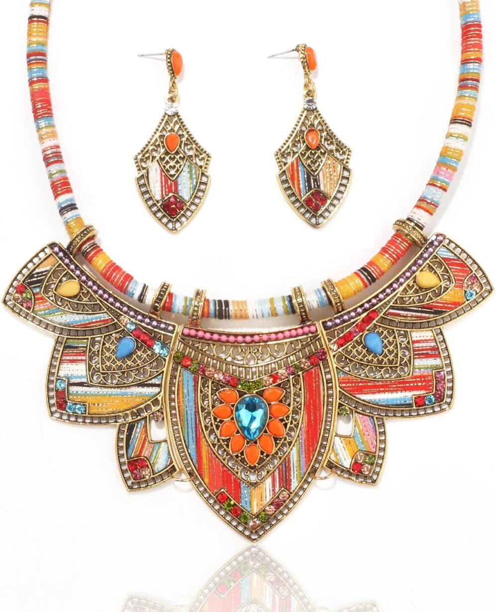 African Jewelry Sets for Women Boho Tribal Retro Statement Choker Necklace and Dainty Dangle Earring Set Multicolor Ethnic Style Chunky Bib Collar Costume Jewelry Accessories for Women