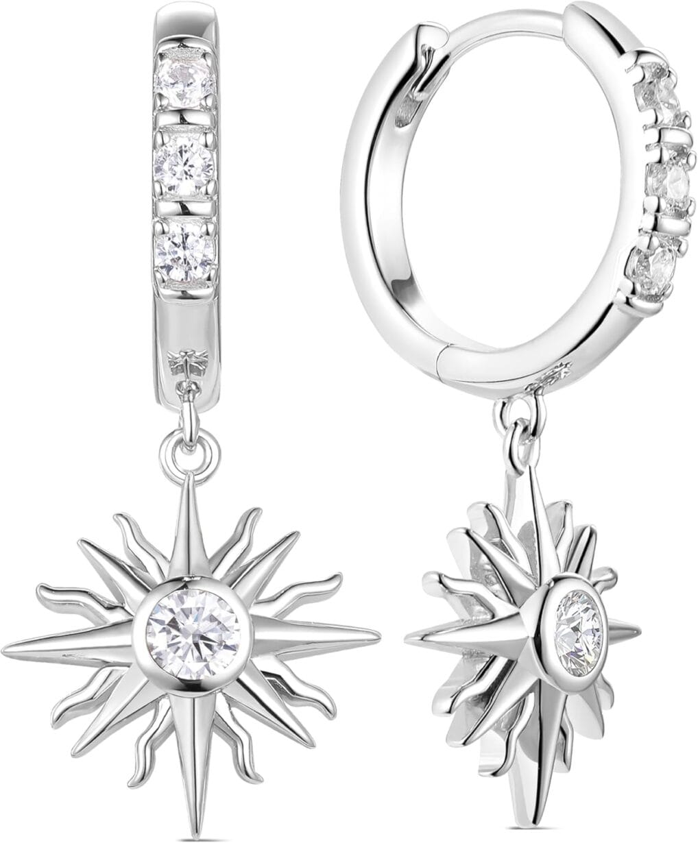 D Color VVS1 Clarity Moissanite Sun Dangle Hoop Earrings for Women, Solid 925 Sterling Silver, Hypoallergenic Comfy Earrings, Christmas Birthday Mothers Day Gift