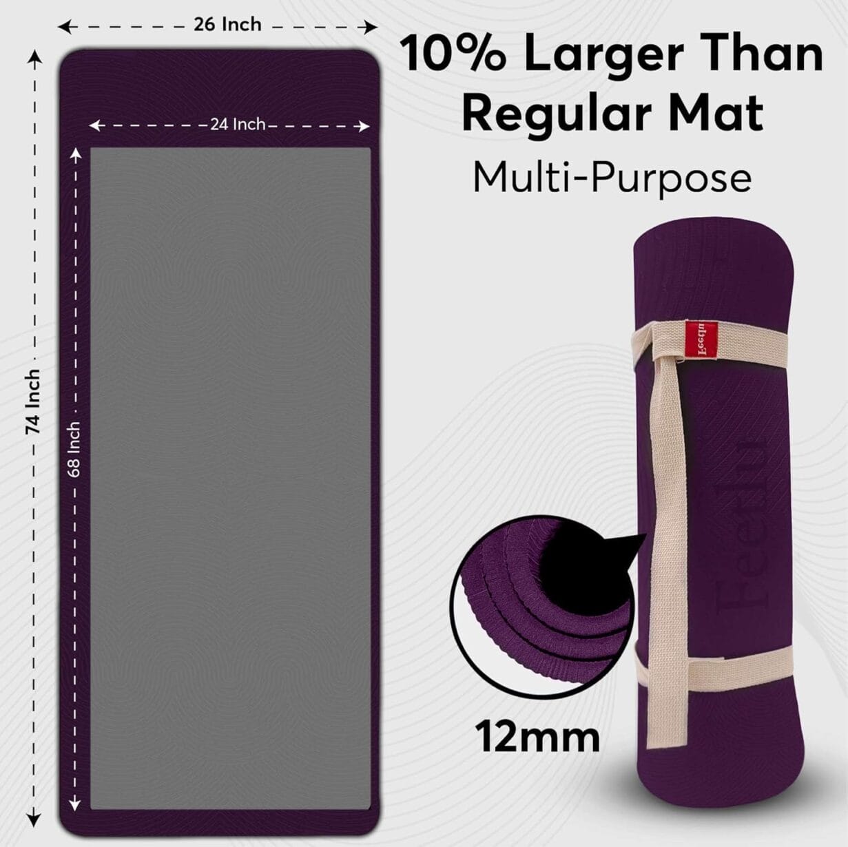 Extra Thick 12mm Exercise Mat – Non-Slip, Joint-Friendly & Cushioned Fitness Mat for Yoga, Pilates & Floor Workouts – Durable, Supportive & Includes Feetlu Classic Strap - Image 2